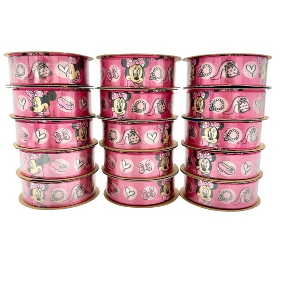 Offray Lot of 15 Spools Ribbon 7/8 inch x 9 feet Pink Minnie Mouse NEW - Picture 1 of 5